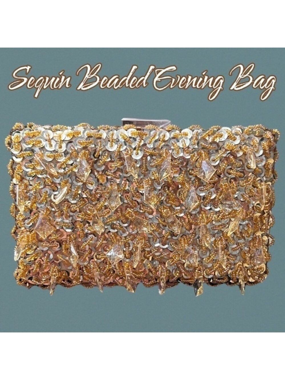 Gold Bead & Sequin Clutch/Shoulder/Crossbody Evening Bag w/Two Chain Straps NWT
